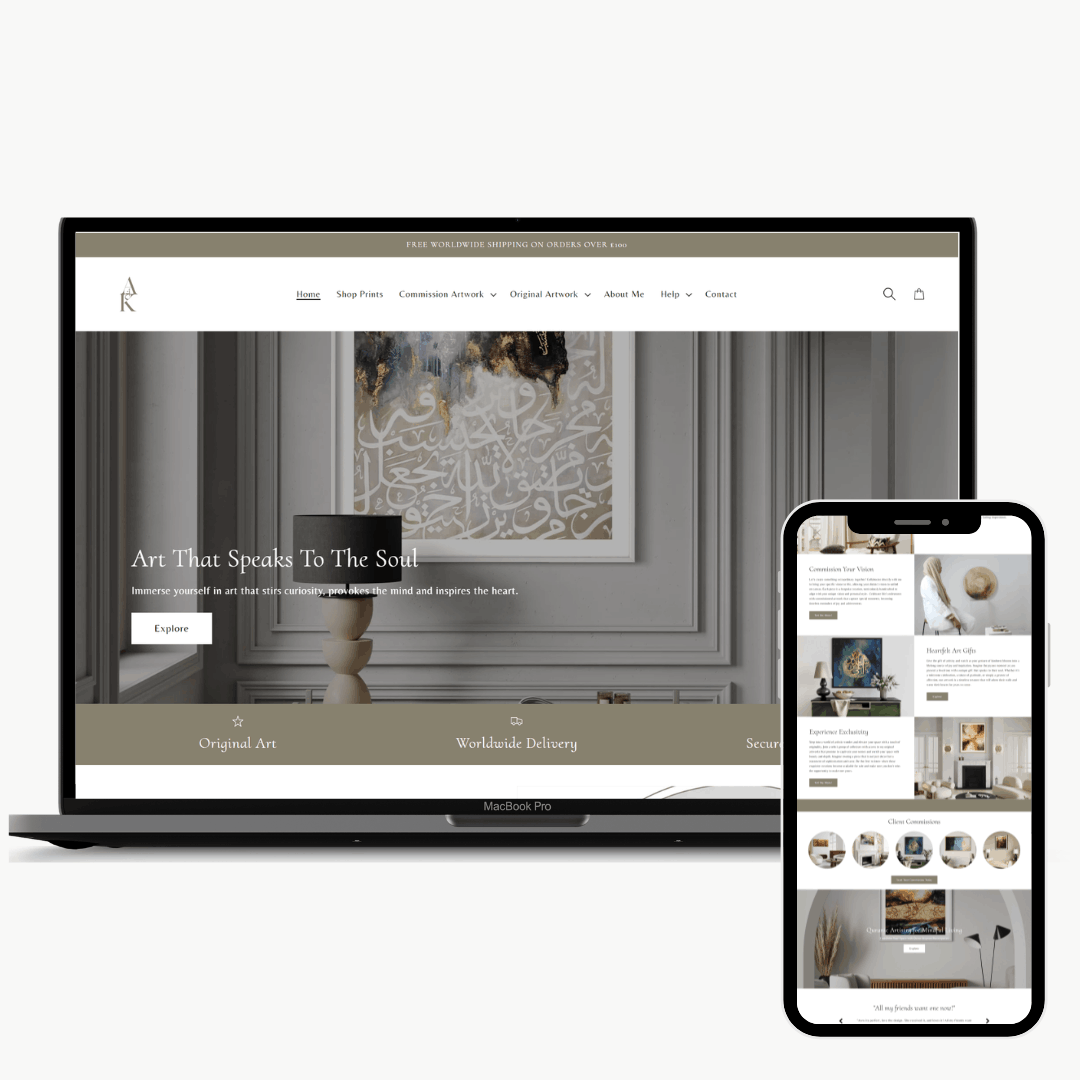 Islamic art and calligraphy brand homepage web design desktop and mobile