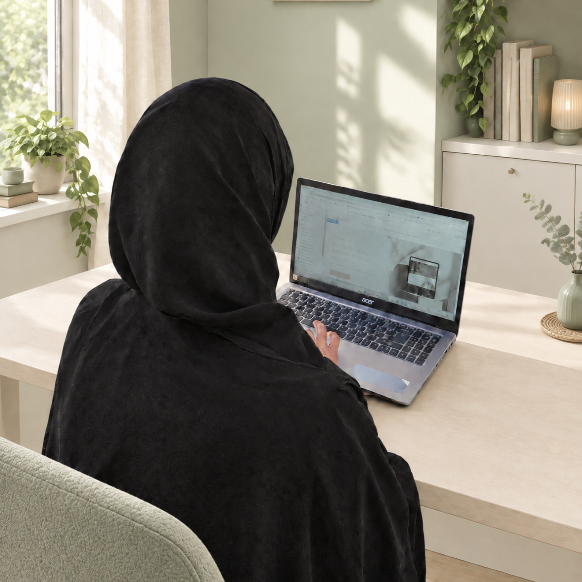 female shopify web designer working at her desk in her home office